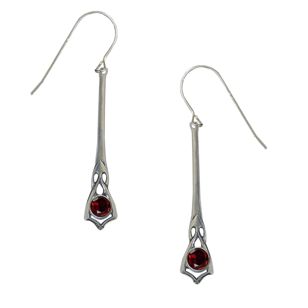 Sterling Silver Art Deco Drop Dangle Earrings With Faceted Garnet